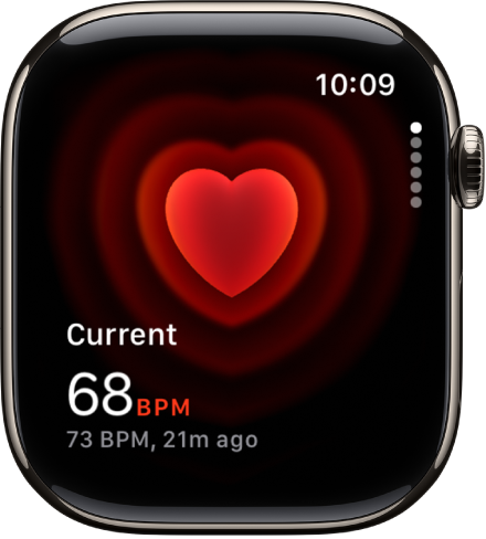 A Heart Rate screen, with your current heart rate showing in the bottom left, and your last reading in smaller type below that.