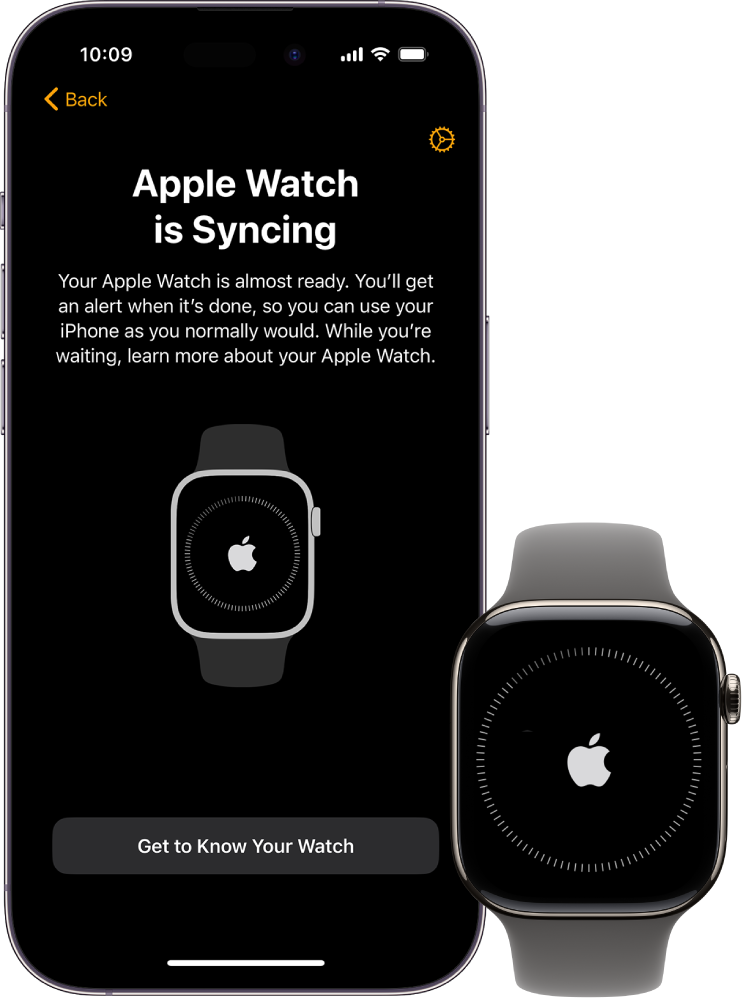 An iPhone and Apple Watch, side by side. The iPhone screen shows “Apple Watch is Syncing.” The Apple Watch shows syncing progress.