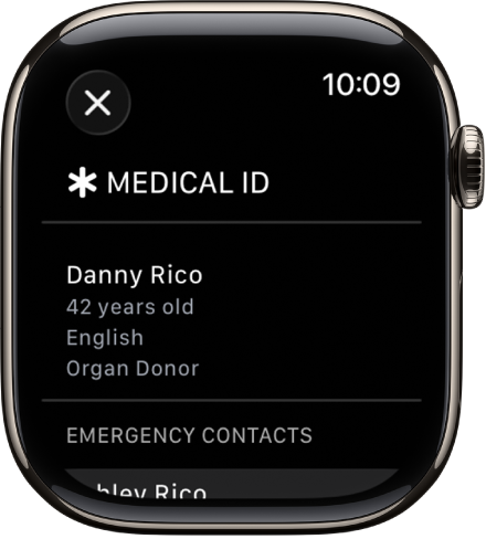 The Medical ID screen showing the person’s name, age, language, organ donor status, and emergency contacts.