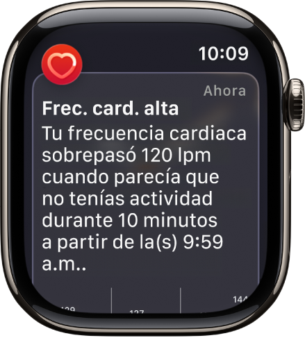 Pantalla Alerta de frecuencia cardiaca indicando que se detectó una frecuencia cardiaca alta.