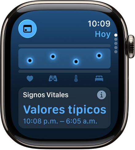 Pantalla de la app Signos Vitales mostrando las estadísticas nocturnas.