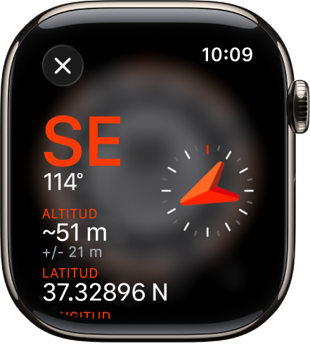 La app Brújula mostrando la pantalla Información. El rumbo aparece en el centro a la izquierda, con la dirección (sureste) y los grados (114 grados) de la brújula. La inclinación y altitud actuales se muestran debajo. Hay un indicador de brújula a la derecha. Hay un botón Cerrar en la esquina superior izquierda.