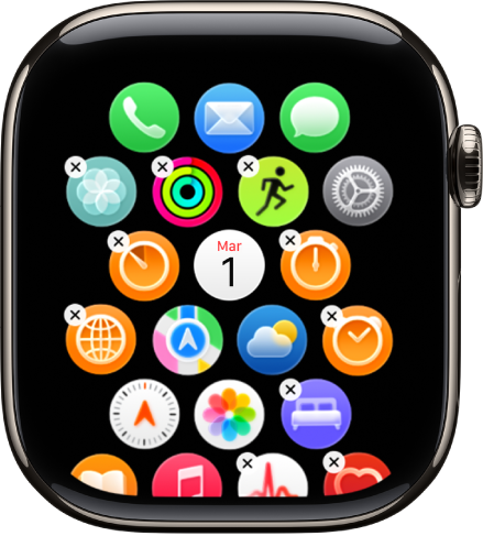 La pantalla Alineación en la app Apple Watch mostrando una cuadrícula de íconos.