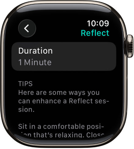 Pantalla de la app Mindfulness con una duración de 1 minuto en la parte superior. Debajo hay consejos para ayudar a mejorar una sesión de reflexión.