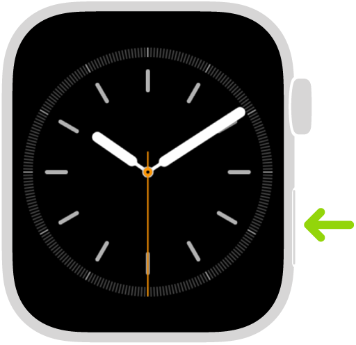 Illustration d’une Apple Watch avec une flèche pointant vers le bouton latéral en bas à droite.