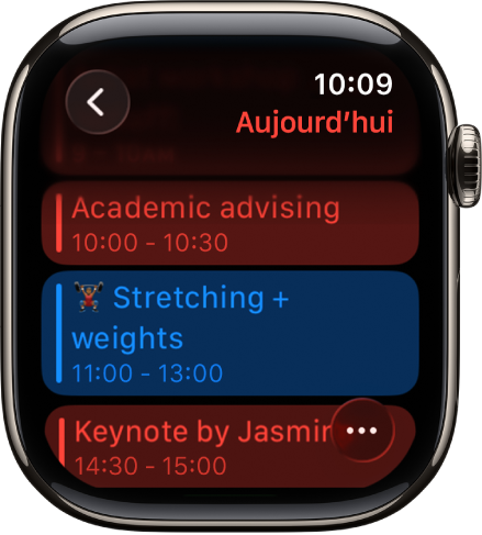 L’écran Calendrier affichant la liste des évènements du jour. Les évènements présentent des codes de couleur correspondant au calendrier auquel ils appartiennent.
