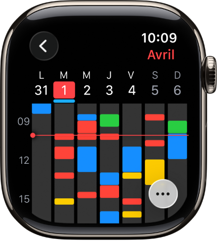 L’app Calendrier présentant des évènements pour la semaine. Chaque évènement présente un code de couleur correspondant au calendrier auquel il appartient. Le nom du mois se trouve en haut à droite et les jours et les dates sont répartis en haut de l’écran. Tous les évènements sur toute la journée présentent une barre sous la date du jour correspondant. Une ligne parcourant la semaine entière indique l’heure actuelle. Le bouton Plus se trouve en bas à droite.