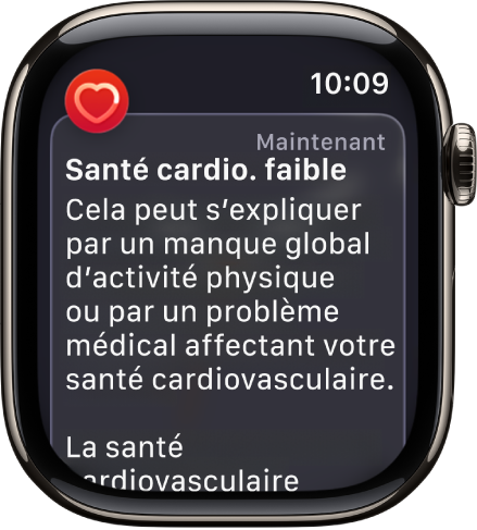 Une alerte Fréquence cardiaque, indiquant une santé cardio. faible.