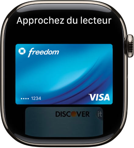 Écran affichant une carte bancaire dans Apple Pay, prêt à être présenté devant un lecteur sans contact.
