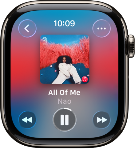 L’écran À l’écoute affichant l’illustration de l’album avec en dessous le titre du morceau et le nom de l’artiste. Les commandes multimédias se trouvent en bas. Le bouton Plus d’options se trouve en haut à droite. Le bouton de retour se trouve en haut à gauche.