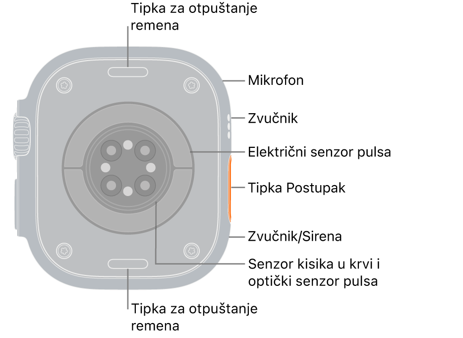 Poleđina sata Apple Watch Ultra 3 s tipkama za otpuštanje remena na vrhu i dnu. Sa strane se nalaze mikrofon, zvučnik, električni senzor srca, tipka postupka, priključak zvučnika iz kojeg se emitira sirena, senzori za mjerenje kisika u krvi i optički senzori srca.