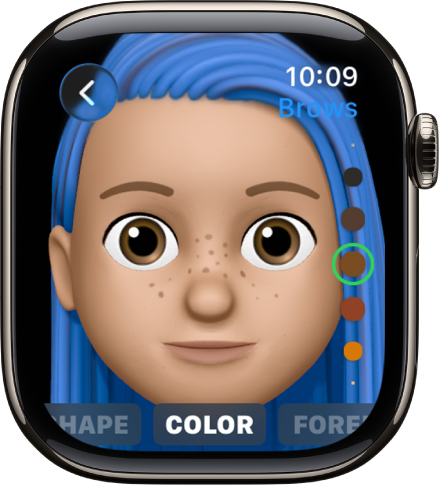 App Memoji di Apple Watch menampilkan layar pengeditan Hidung. Terdapat tampilan dekat wajah, terpusat pada hidung. Kata Warna muncul di bagian bawah.