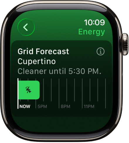 La schermata “Previsioni rete elettrica” che mostra come l’energia più pulita sia disponibile fino alle 17:30.