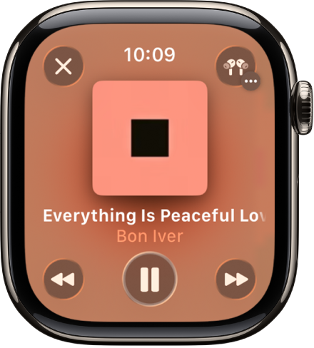 Spilles nå-skjermen i Musikk-appen. Albumkunst vises i midten, og sangtittelen og artisten vises nedenfor. Nederst på skjermen er knappene Forrige, Spill av / Sett på pause og Neste. Flere valg-knappen er øverst til høyre. Tilbake-knappen vises øverst til venstre.