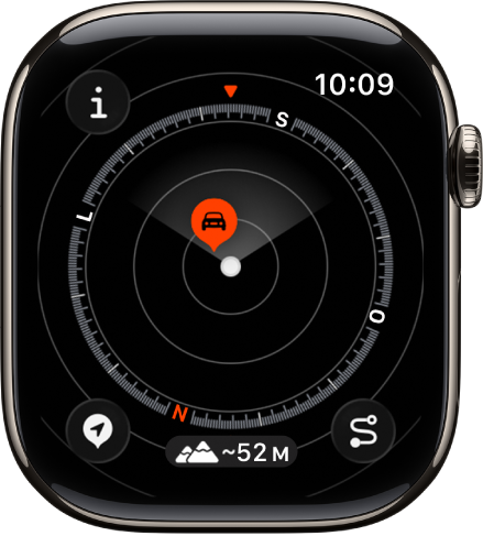 App Bússola mostrando um ponto intermediário dentro de um mostrador. O botão Informações está na parte superior esquerda, o botão Pontos Intermediários está na parte inferior esquerda, o botão Elevação está no centro da parte inferior e o botão Retraçar está na parte inferior direita.