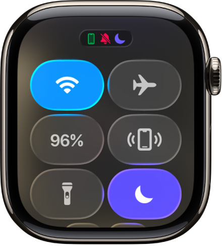 A central de controlo a mostrar seis botões: “Wi-Fi”, “Procurar o iPhone”, “Bateria”, “Modo sem som”, “Modo Espetáculo” e “Não incomodar”.