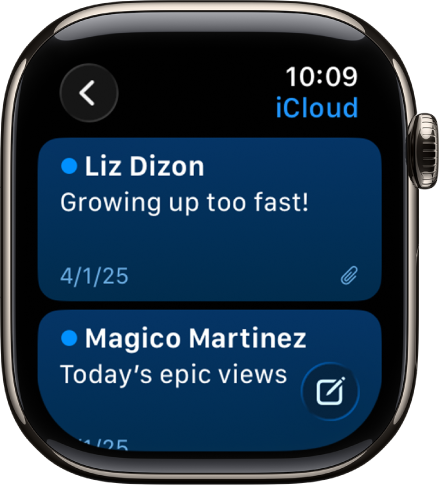 В почтовом ящике в приложении «Почта» показано два электронных письма. В левом верхнем углу находится кнопка «Назад», а в правом нижнем углу — кнопка написания письма.