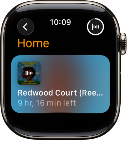 หน้าจอหนังสือเสียงที่แสดงหนังสือที่กำลังเล่นอยู่ พร้อมชื่อหนังสือและเวลาที่เหลือ ปุ่มกำลังเล่นอยู่อยู่ที่ด้านขวาบนสุด
