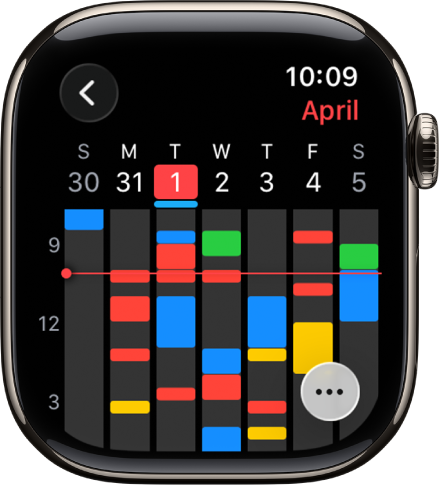 “日历” App 显示了一周的日程。每个日程使用不同颜色编码,指示其所在的日历。右上方是月份,顶部一行是星期和日期。全天日程在每天的日期下方以横条标记。一条穿过当周的线指示了当前时间。右下方为“更多”按钮。