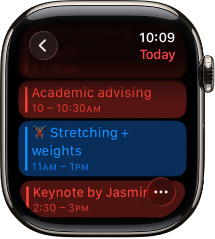 显示当天日程列表的“日历”屏幕。日程使用不同颜色编码以匹配其所在日历。
