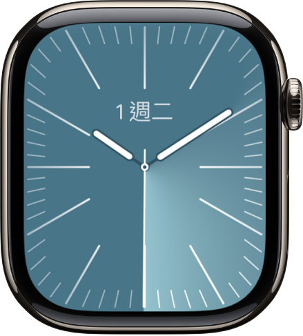 「太陽指針」錶面,日期位於上方中央,「訊息」複雜功能位於下方。