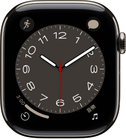 「大都會」錶面,你可以轉動數位錶冠來更改樣式外觀。顯示四個複雜功能:「體能訓練」位於左上角,「音樂」位於右上角,「計時器」位於左下角,日期位於右下角。