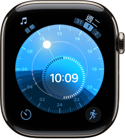 「太陽面盤」錶面,圓形刻度盤指出太陽位置。內圈刻度盤顯示指針時間。顯示四個複雜功能:「月亮」位於左上角,「行事曆」位於右上角,「體能訓練」位於左下角,「音樂辨識」位於右下角。