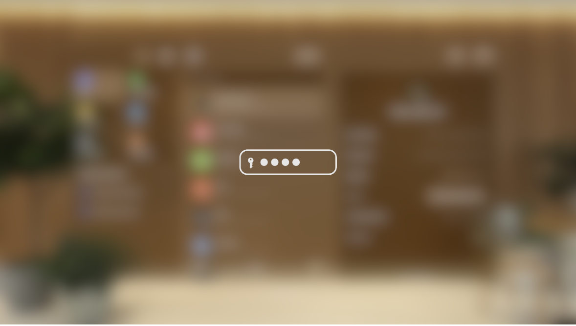 Die Ansicht auf der Apple Vision Pro während der Eingabe eines Passworts, die eine andere Person auf dem synchronisierten Display sieht. Die Ansicht ist verschwommen dargestellt und ein Bild zeigt an, dass die Person, die das Gerät gerade verwendet, ein Passwort eingibt.