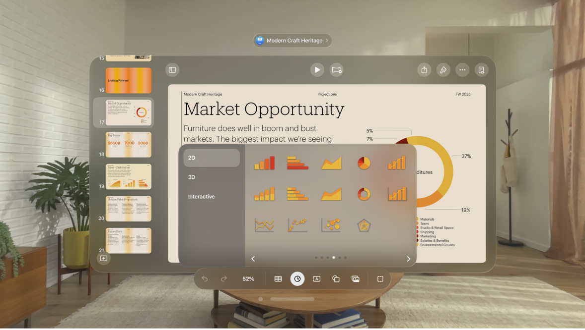 The Keynote app on Apple Vision Pro, showing the menu to add a chart in the toolbar.
