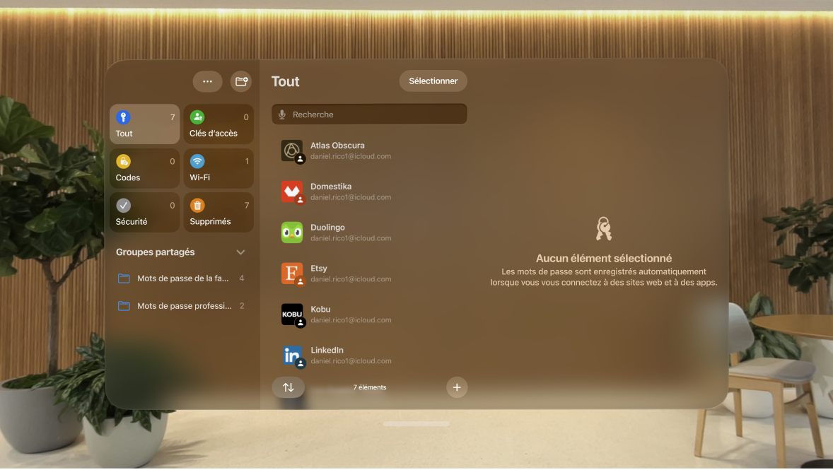 App Mots de passe sur l’Apple Vision Pro. Les comptes sont répertoriés par ordre alphabétique.