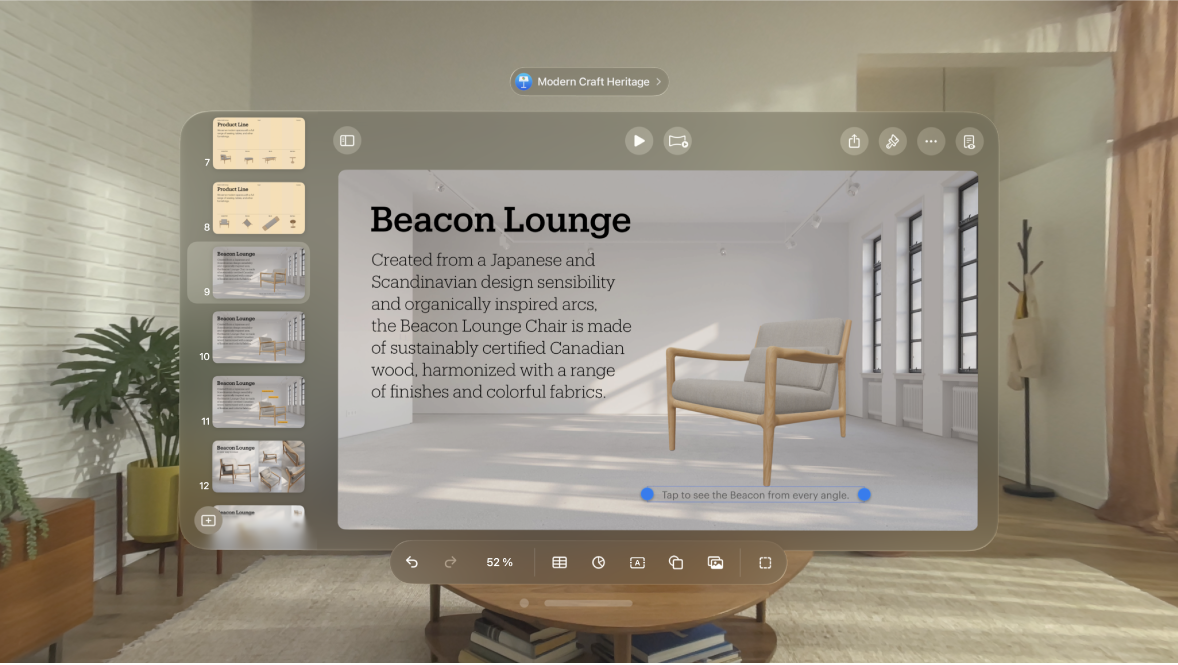L’app Keynote sur l’Apple Vision Pro, affichant un objet avec une légende en dessous.