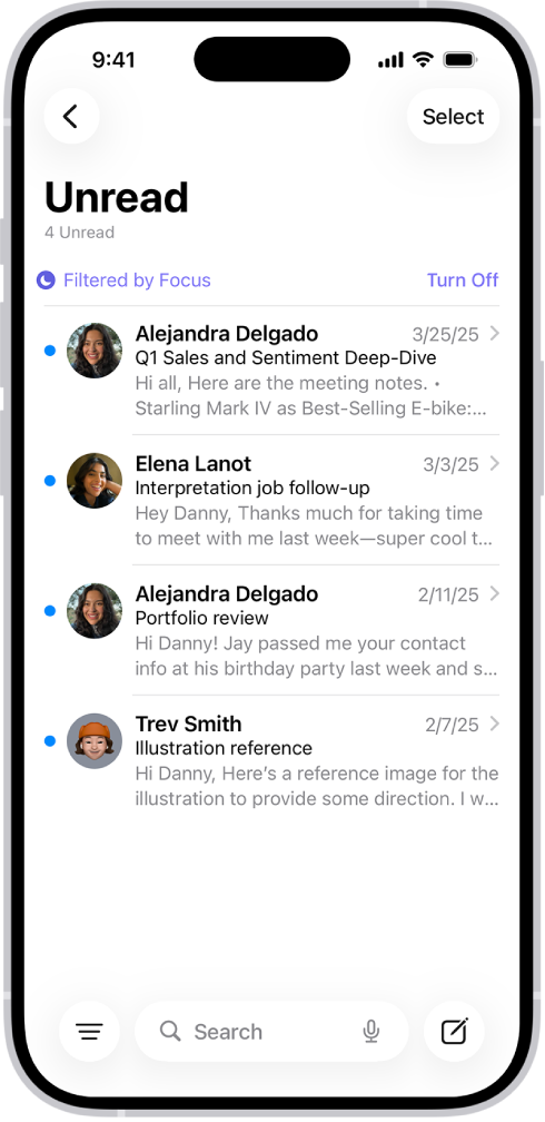 صندوق الوارد وتظهر به قائمة الرسائل. تظهر فوق قائمة الرسائل التسمية "تمت التصفية حسب التركيز"، وعلى يسارها يظهر النص "إيقاف".