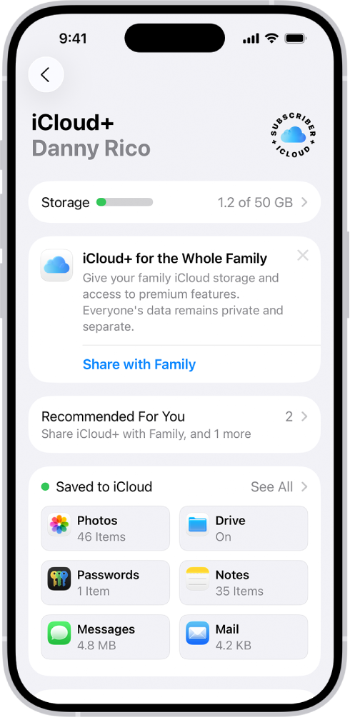 شاشة إعدادات iCloud يظهر بها مقياس مساحة تخزين iCloud وقائمة من الميزات—تشمل الصور و iCloud Drive والنسخ الاحتياطي على iCloud—والتي يمكن استخدامها مع iCloud.