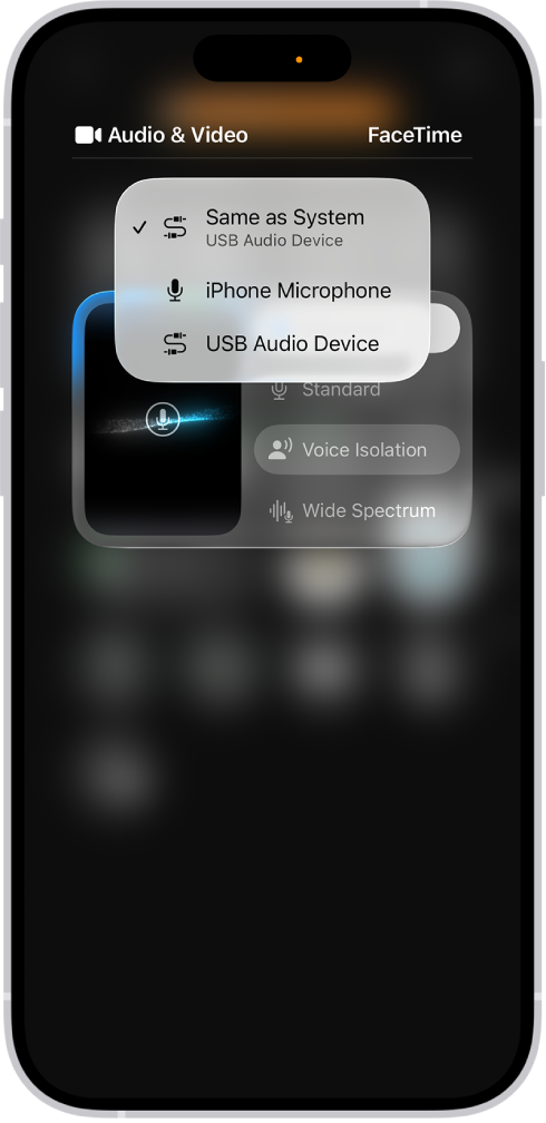 Меню в Контролен център показва опции за източник на входни данни за записване на вашата страна от видеоконференцията.
