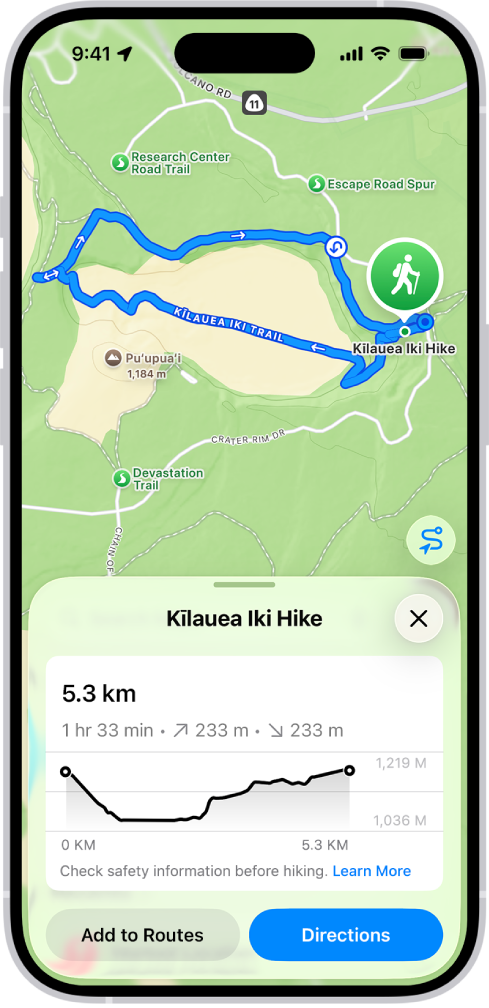Una visió general d’una ruta de senderisme descarregable on s’indica la distància, el perfil d’elevació, el temps estimat i les opcions de desar o obtenir indicacions per iniciar la ruta.