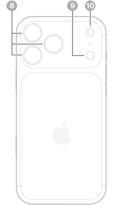 Pohled na zadní stranu iPhonu 17 Pro Max. Vlevo nahoře se nachází zadní fotoaparát a blesk.
