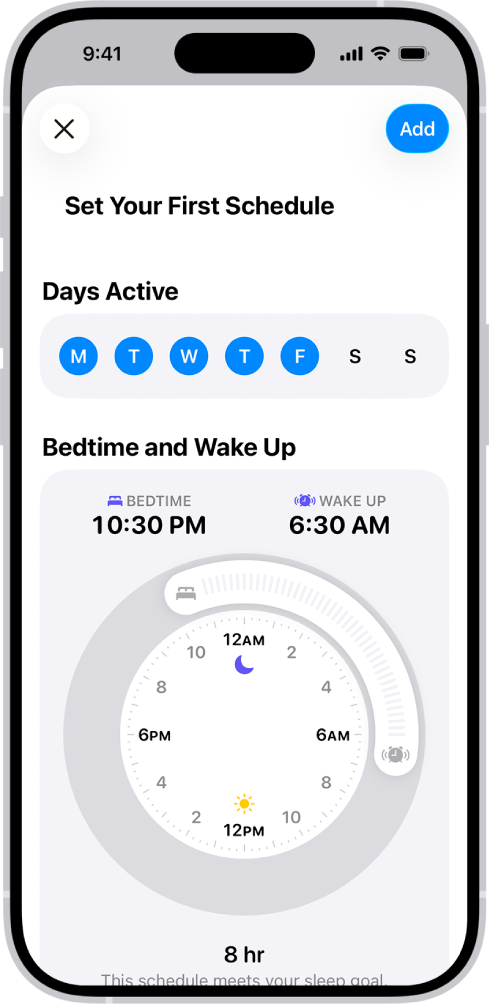 Obrazovka „Nastavte si první rozvrh“ v aplikaci Zdraví s oddílem „Dny, kdy je aktivní“ a časy večerky a ranního buzení.
