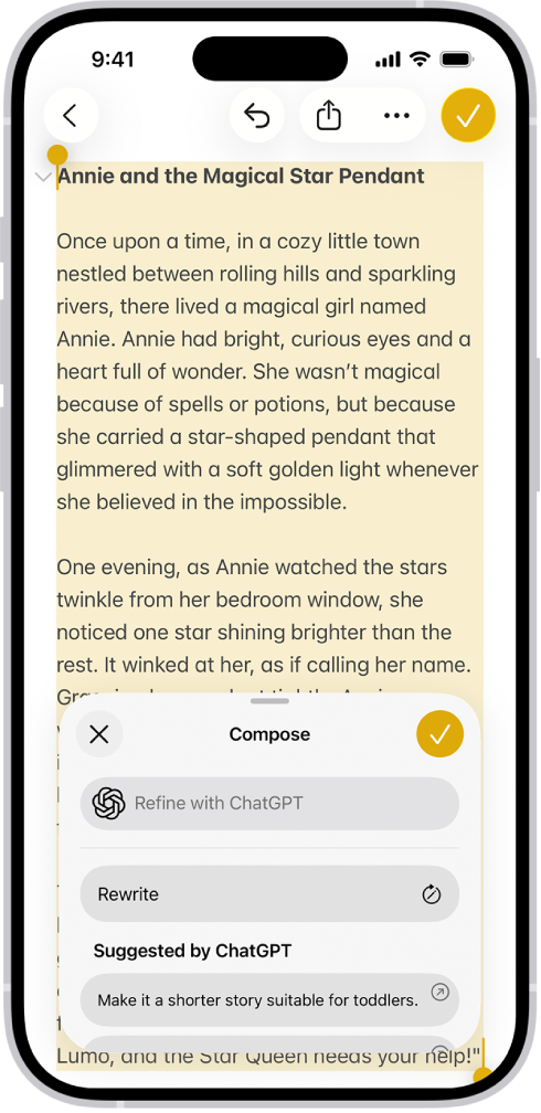 iPhone se zobrazeným textem v aplikaci Poznámky. V dolní části obrazovky je vidět dialogové okno Psát pomocí modelu Psací nástroje s volbami pro popis změny, přepsání, výběr návrhů ChatGPT a další funkce.