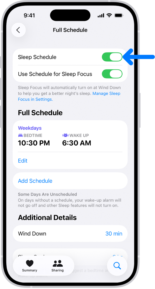 Obrazovka úplného rozvrhu spánku v aplikaci Zdraví se zapnutou volbou Rozvrh spánku u horního okraje