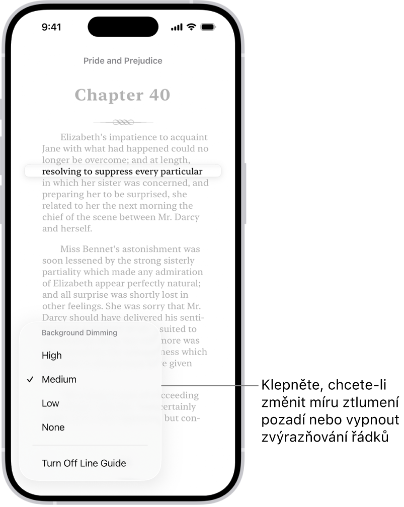 Stránka knihy v aplikaci Knihy. Jeden řádek textu je zvýrazněný a zbytek stránky je tmavý. V levém dolním rohu obrazovky je vidět tlačítko nabídky Zvýrazňování řádků.