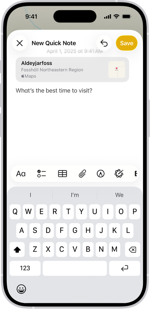 Rychlá poznámka v překryvném okně nad mapou Islandu. Poznámka obsahuje odkaz na mapu, fotku a text.