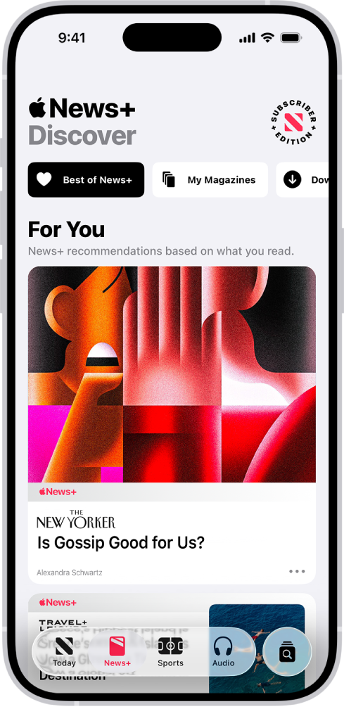 Článek v časopisu z Apple News+. Na panelech podél dolního okraje je vybraná volba News+.
