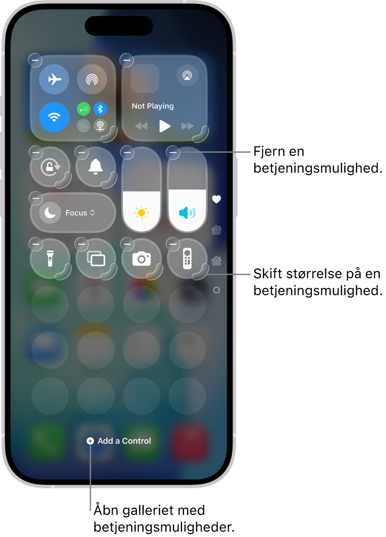 Kontrolcenter redigeres, og knappen Fjern og størrelseshåndtag vises på hver betjeningsmulighed.