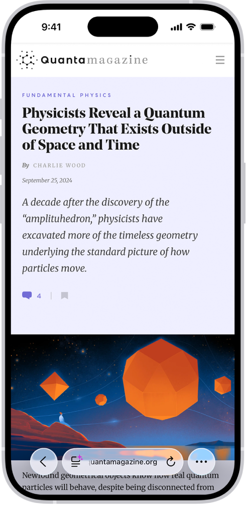 Die App „Safari“ zeigt eine Zusammenfassung der Highlights für einen Physik-Artikel.