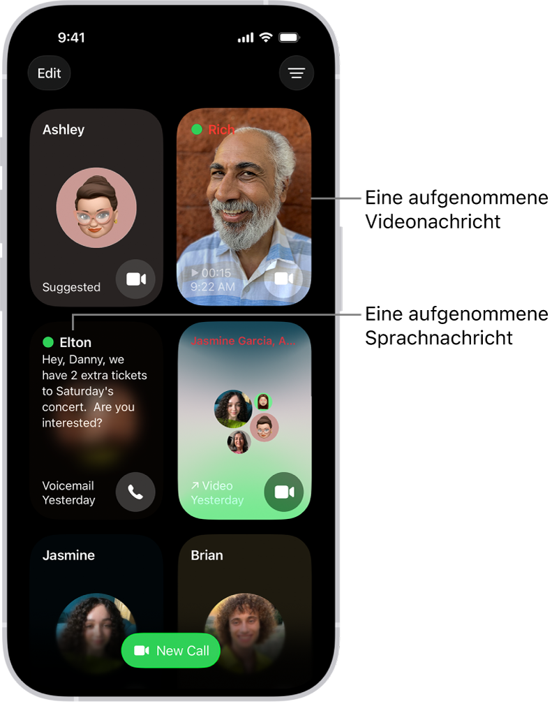 Die FaceTime-Anrufliste zeigt einen vorgeschlagenen Kontakt, eine aufgenommene Videonachricht, eine Voicemail und einen FaceTime-Gruppenvideoanruf an.