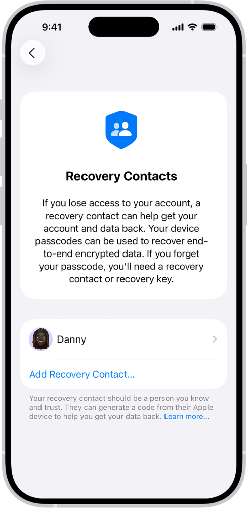 Der Bildschirm „Wiederherstellungskontakt hinzufügen“.