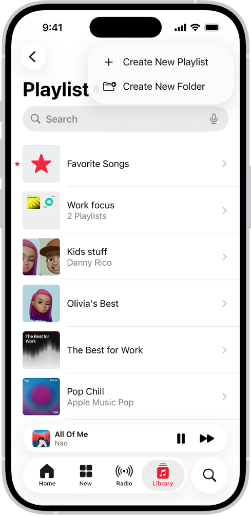 Der Tab „Mediathek“ zeigt eine Liste mit Playlists an. Oben befinden sich Tasten zum Erstellen einer neuen Playlist oder eines neuen Ordners.