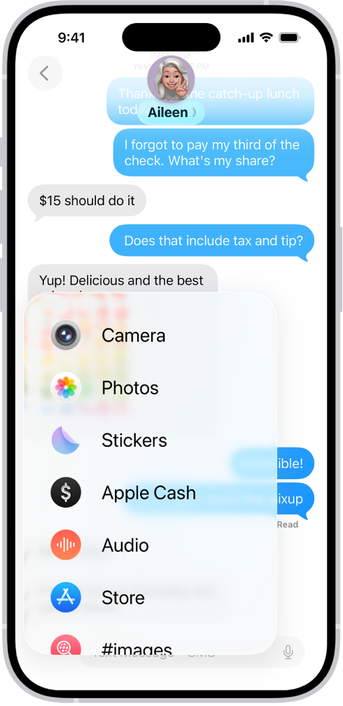 Eine Liste mit Funktionen wird angezeigt, nachdem du auf die Taste „Hinzufügen“ in einer Konversation in der App „Nachrichten“ getippt hast.