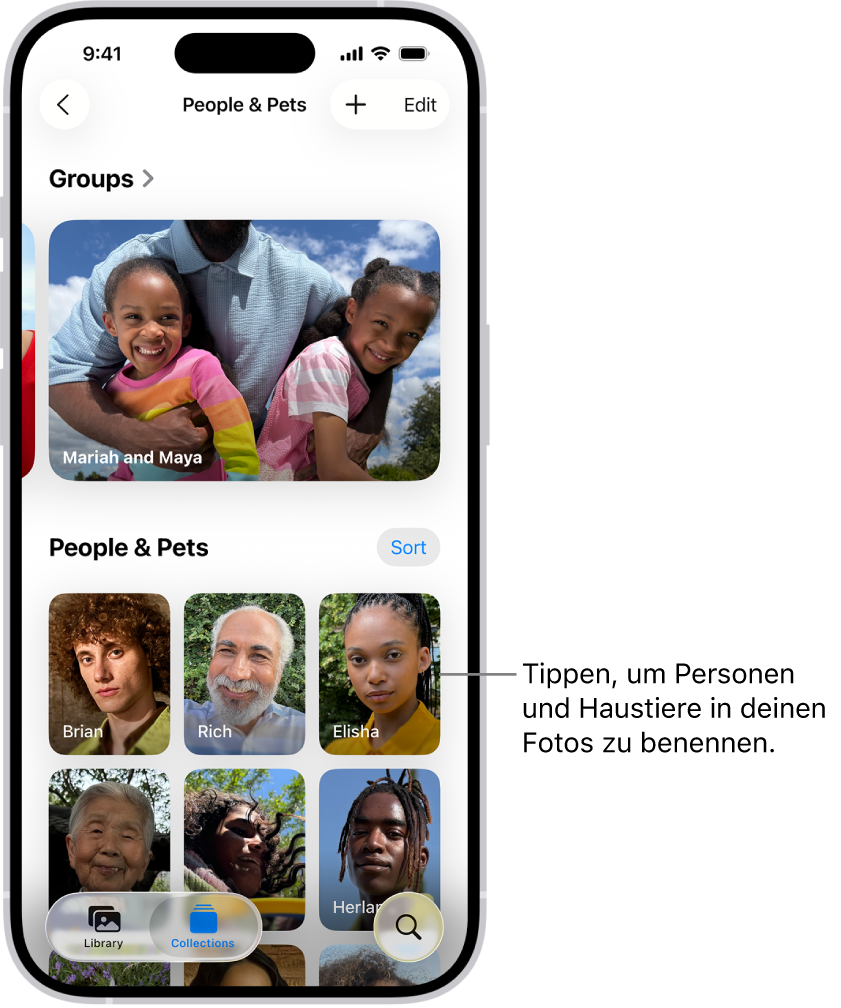 Die Sammlung „Personen & Haustiere“ in der App „Fotos“. Gruppen erscheinen oben und Personen und Haustiere werden darunter aufgeführt.