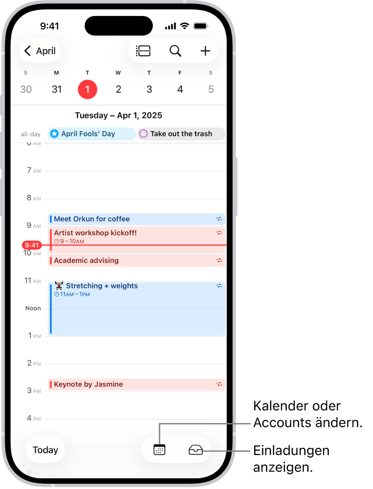Ein Kalender in der Tagesansicht mit den Ereignissen des Tags. Die Taste „Kalender“ befindet sich in der unteren Bildschirmmitte und die Taste „Eingang“ unten rechts auf dem Bildschirm.